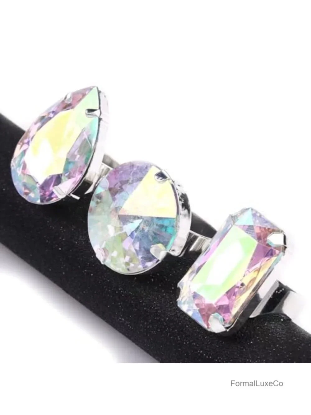 Oversized Crystal Statement Ring Set Adjustable Silver Tone Cocktail Jewelry